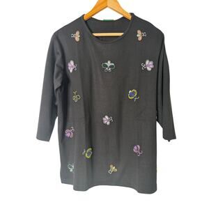 The Quaker Factory Women Black Beaded Butterfly All over Print  3/4 Sleeve Top